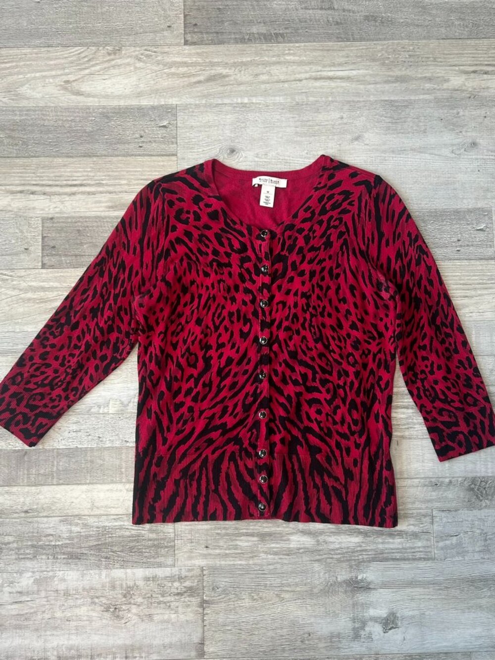 White House Black Market Red Black Animal Print Button Down Sweater I24
